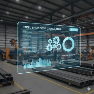 Steel Shop Cost Calculator digital display with data analytics on a factory floor.
