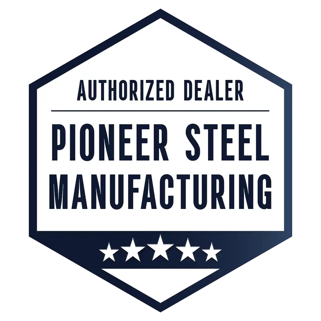 Hexagonal Authorized Dealer logo for Pioneer Steel Manufacturing with five stars.