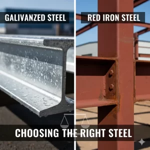 Comparison of galvanized steel and red iron steel beams for building construction.