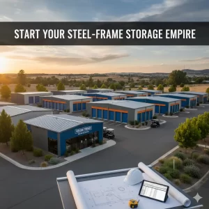Aerial view of a modern steel-frame self-storage facility with blue and orange accents.