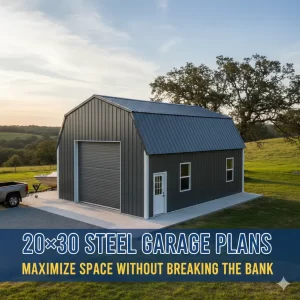 Grey 20x30 steel garage with a gambrel roof in a field with a truck and boat.