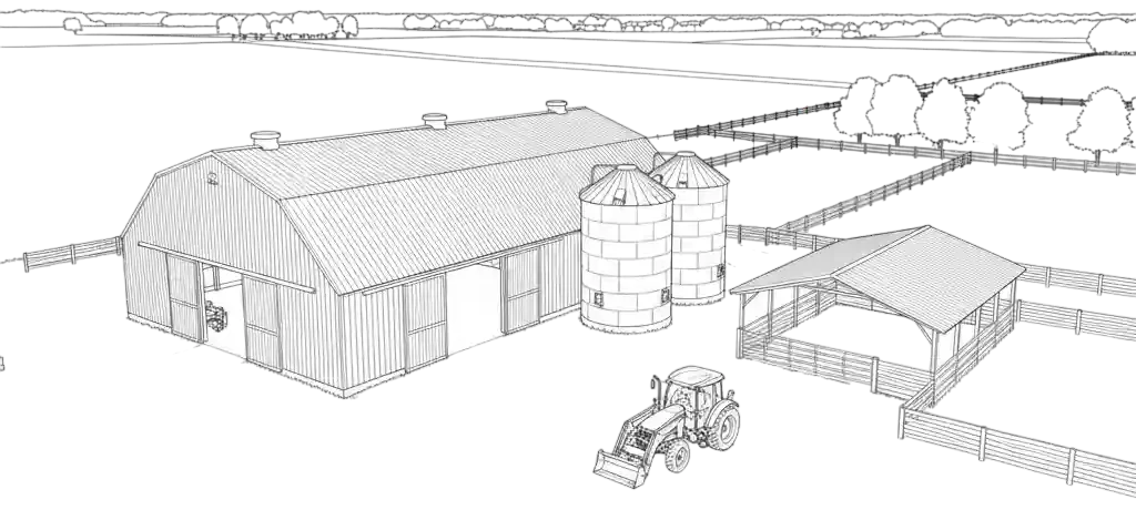 Line drawing of a farm with a large barn, two silos, an open shed, and a tractor.
