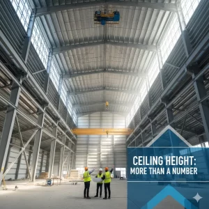 Immense industrial interior with a soaring steel roof structure, overhead gantry cranes, and a team of construction professionals reviewing blueprints on the floor.