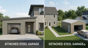 Side-by-side comparison of a modern "Attached Steel Garage" featuring a sleek single-slope roof integrated into a residential home, versus a standalone "Detached Steel Garage" positioned in the backyard for independent use.
