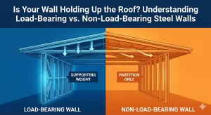 Diagram comparing load-bearing vs. non-load-bearing steel walls and roof weight support.