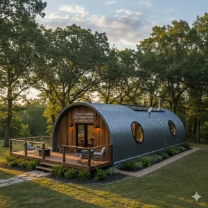 Modern grey quonset home with circular windows and a wooden deck in a wooded area.