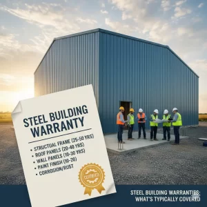 Infographic listing steel building warranty coverage for structural frame and panels.