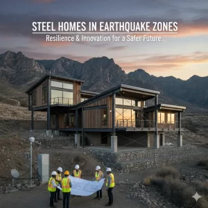 Modern, multi-level steel-framed luxury home in a mountainous region with engineers reviewing blueprints in the foreground.