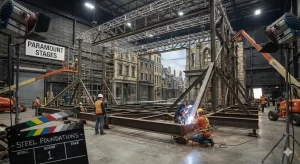 Industrial soundstage at "Paramount Stages" where workers are welding a massive structural steel grid. This heavy-duty steel foundation supports a multi-story, realistic European-style street set in the background, demonstrating steel's role in creative infrastructure.