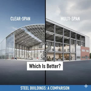 Comparative graphic of clear-span vs. multi-span steel building framing systems.