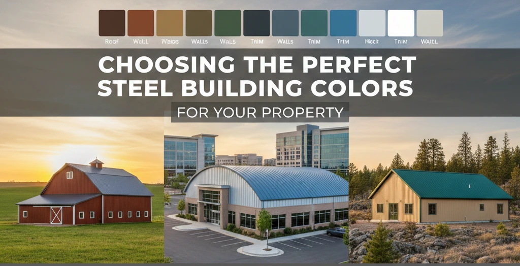 Steel building color guide featuring red, blue, and tan buildings with color swatches