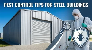 Educational graphic titled "Pest Control Tips for Steel Buildings" featuring a clean, modern steel warehouse alongside a professional in protective gear and a shield icon representing a proactive pest defense strategy.