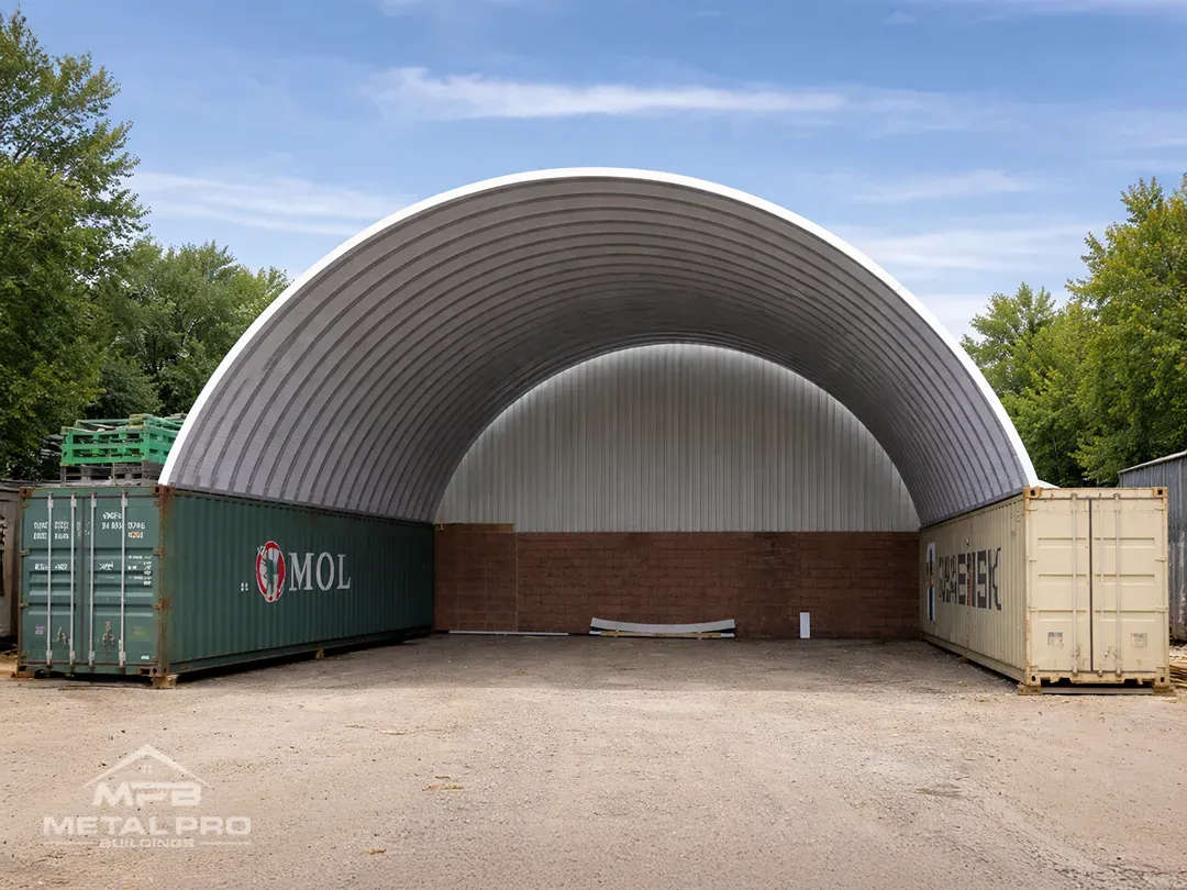 Corrugated metal arch roof spanning between green and beige shipping containers.