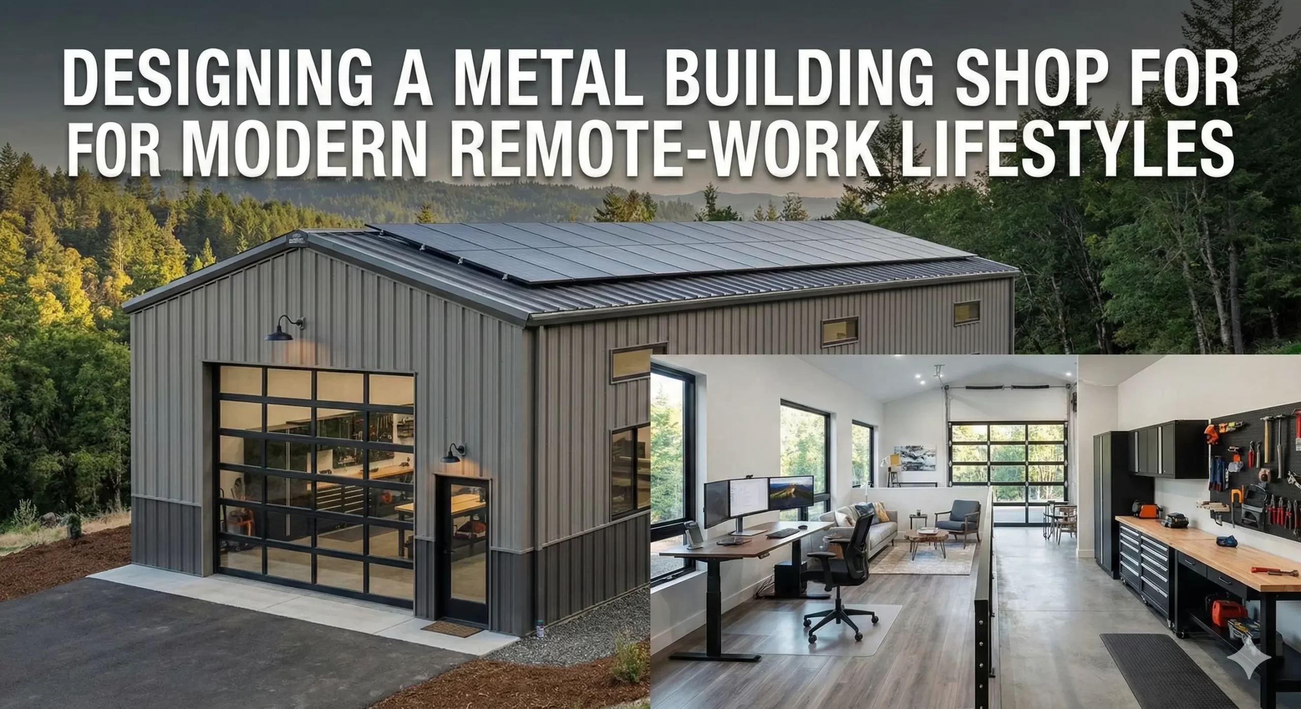 Infographic: Designing a metal building shop for remote-work lifestyles with solar and interior views.