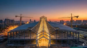 Steel frame building under construction at twilight with cranes and city skyline.