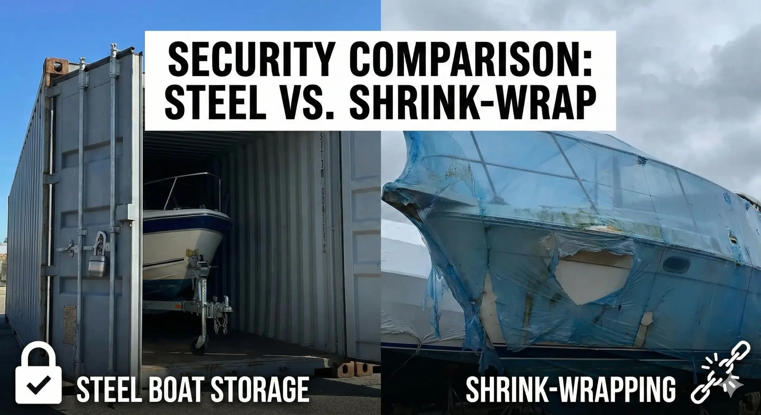 Security comparison: Boat in a steel container vs. damaged shrink-wrapped boat.