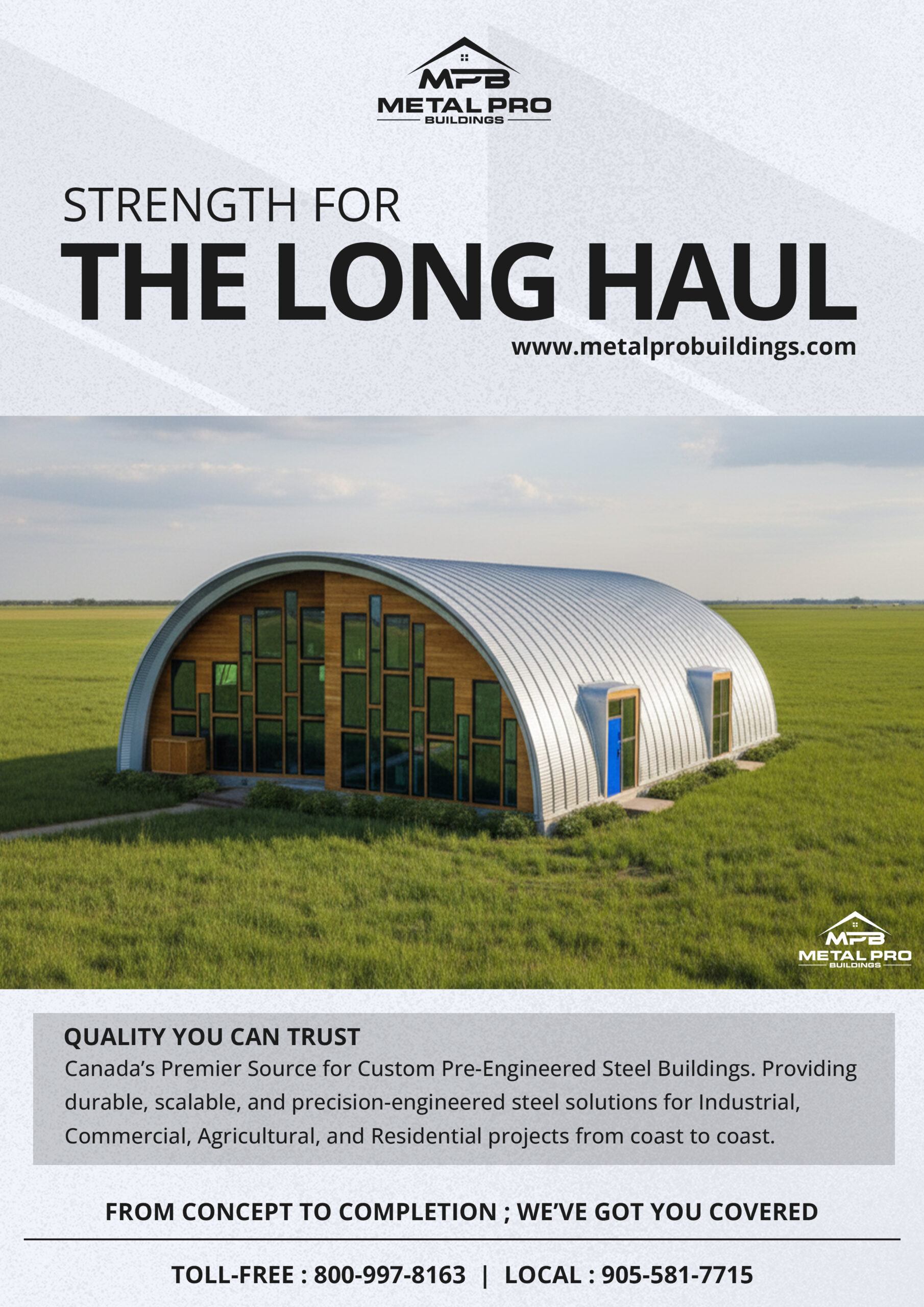 Metal Pro Advertisement: Large arched building with floor-to-ceiling glass.