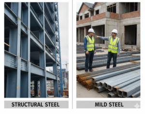 Side-by-side comparison of heavy structural steel framing and stacks of mild steel tubing.