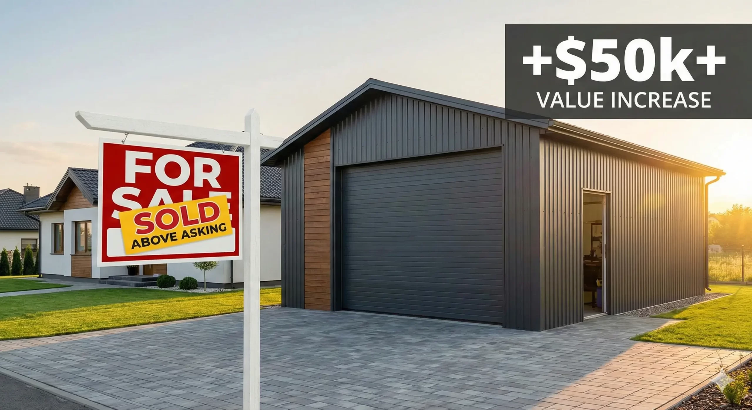 Gemini said Modern black metal garage featuring a 'Sold Above Asking' sign and a $50k+ value increase.