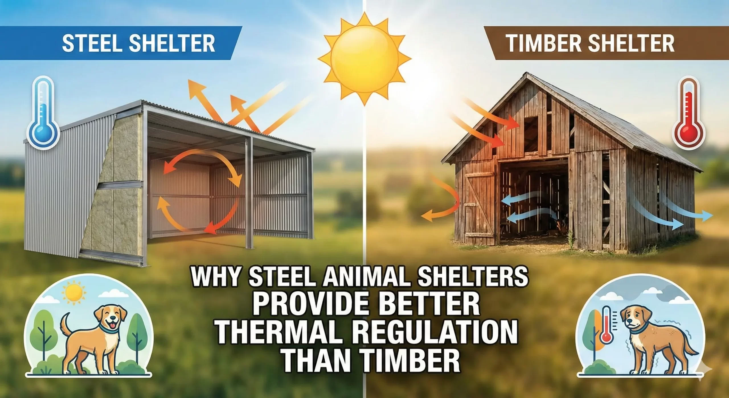 Thermal Regulation Graphic: Steel vs timber animal shelters: steel has better regulation.