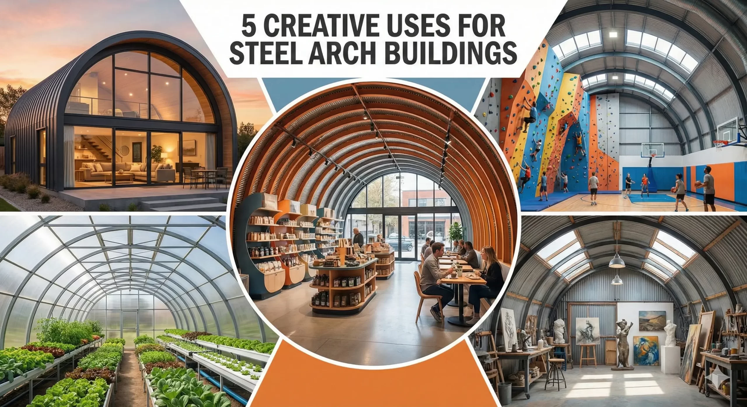 Collage showing 5 creative uses for steel arch buildings: home, shop, gym, and more.