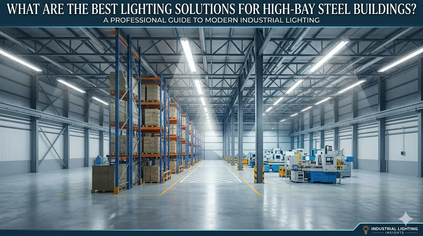 Modern high-bay steel warehouse with industrial LED lighting and storage shelving interior