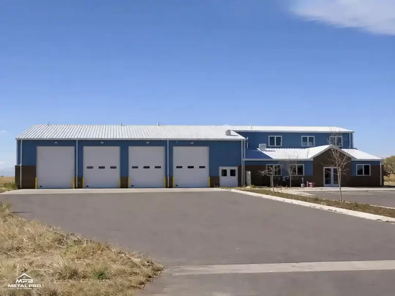 steel office building with blue and brown coloured wall liners