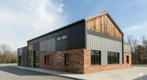 Modern industrial building with metal siding, brick base, and wood accent facade style new