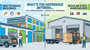 Split graphic comparing self storage facility and steel warehouse with forklifts loadings.