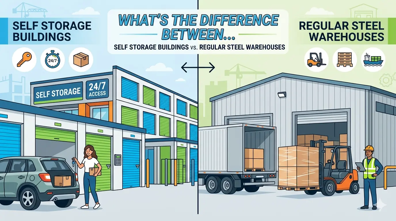 Split graphic comparing self storage facility and steel warehouse with forklifts loadings.