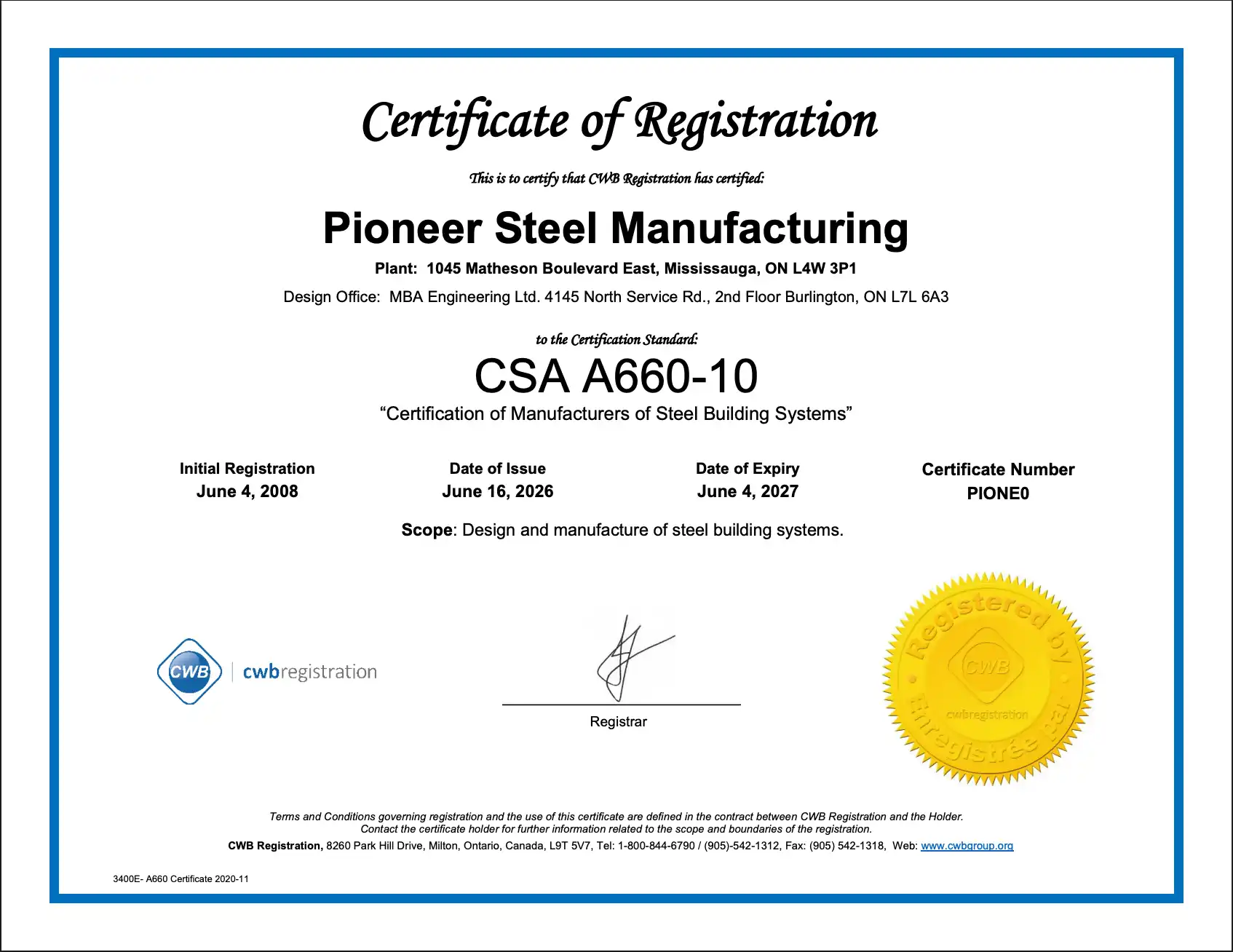 Pioneer Steel Certificate