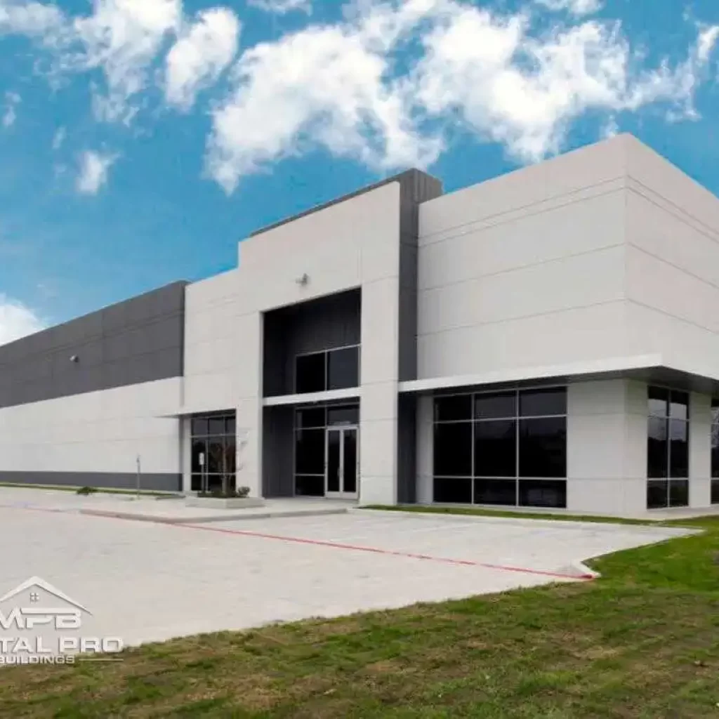 side view of commercial steel building used as a warehouse